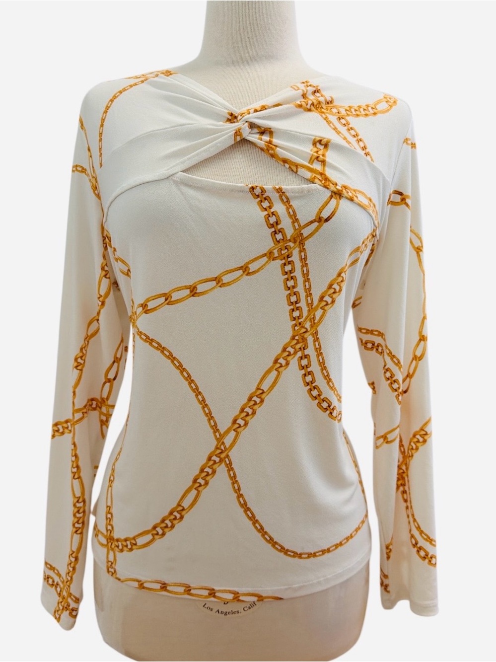 BOLD elements White Long-Sleeve Twist Front Top with Gold Chain Print - Picture 3 of 5
